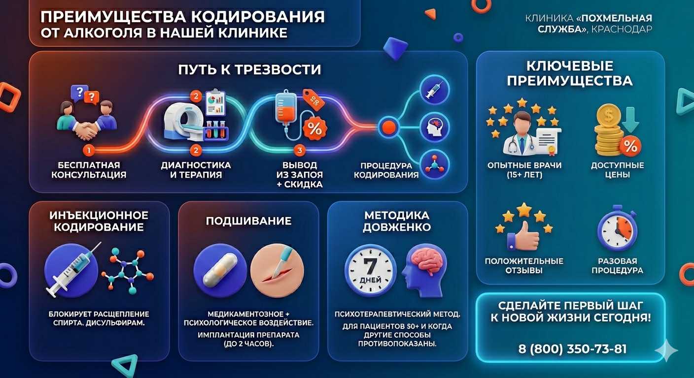 Инфографика о методах кодирования от алкоголя в Куйбышеве: инъекции, подшивание, метод Довженко. Преимущества клиники и этапы лечения.