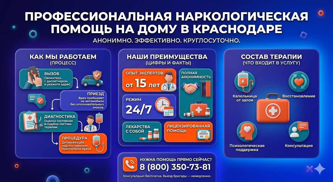 Инфографика о принципах лечения алкоголизма на дому в Куйбышеве: этапы вызова нарколога, преимущества анонимной детоксикации и состав медицинской помощи.